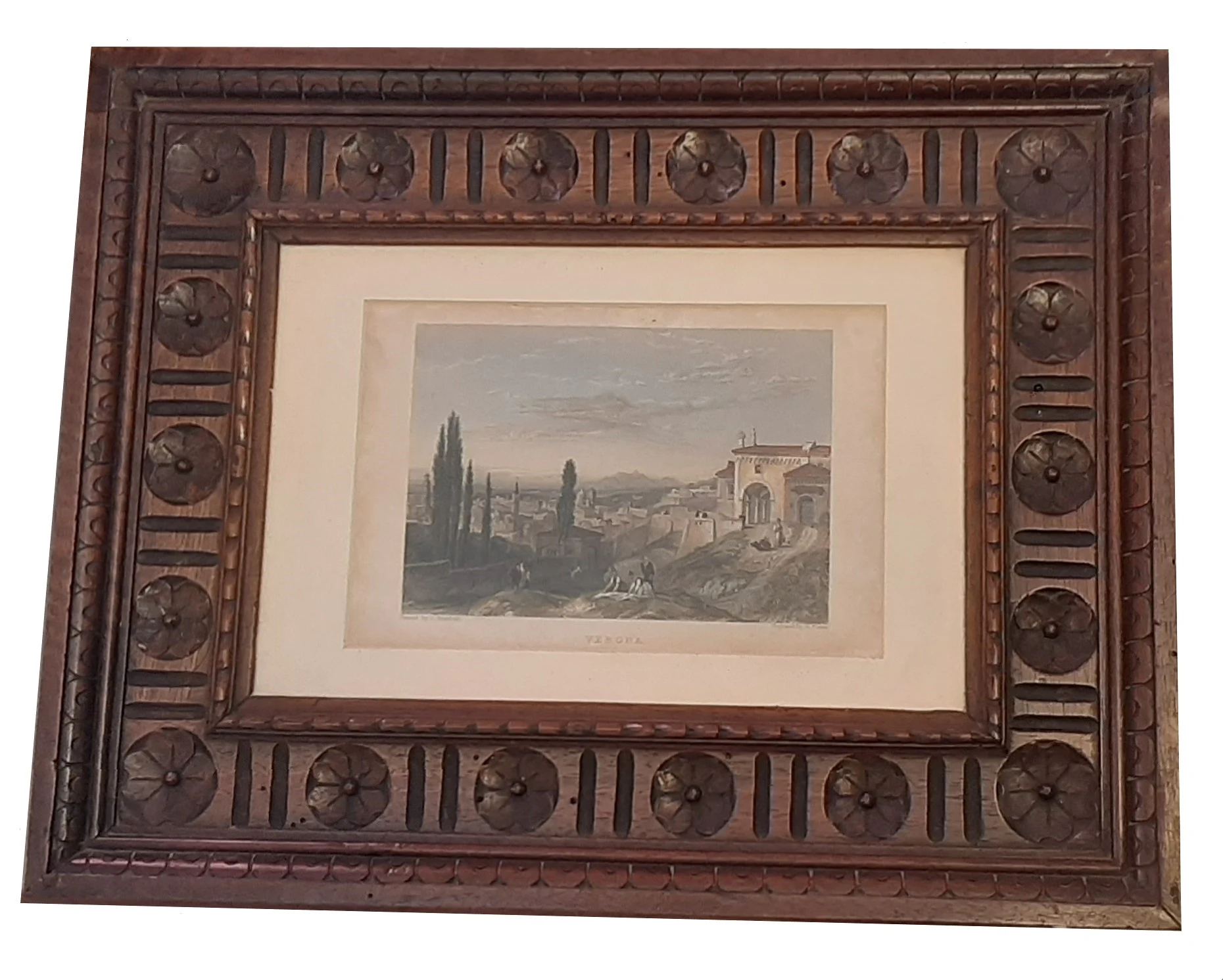 Antica incisione originale con cornice intagliata 1840 Verona