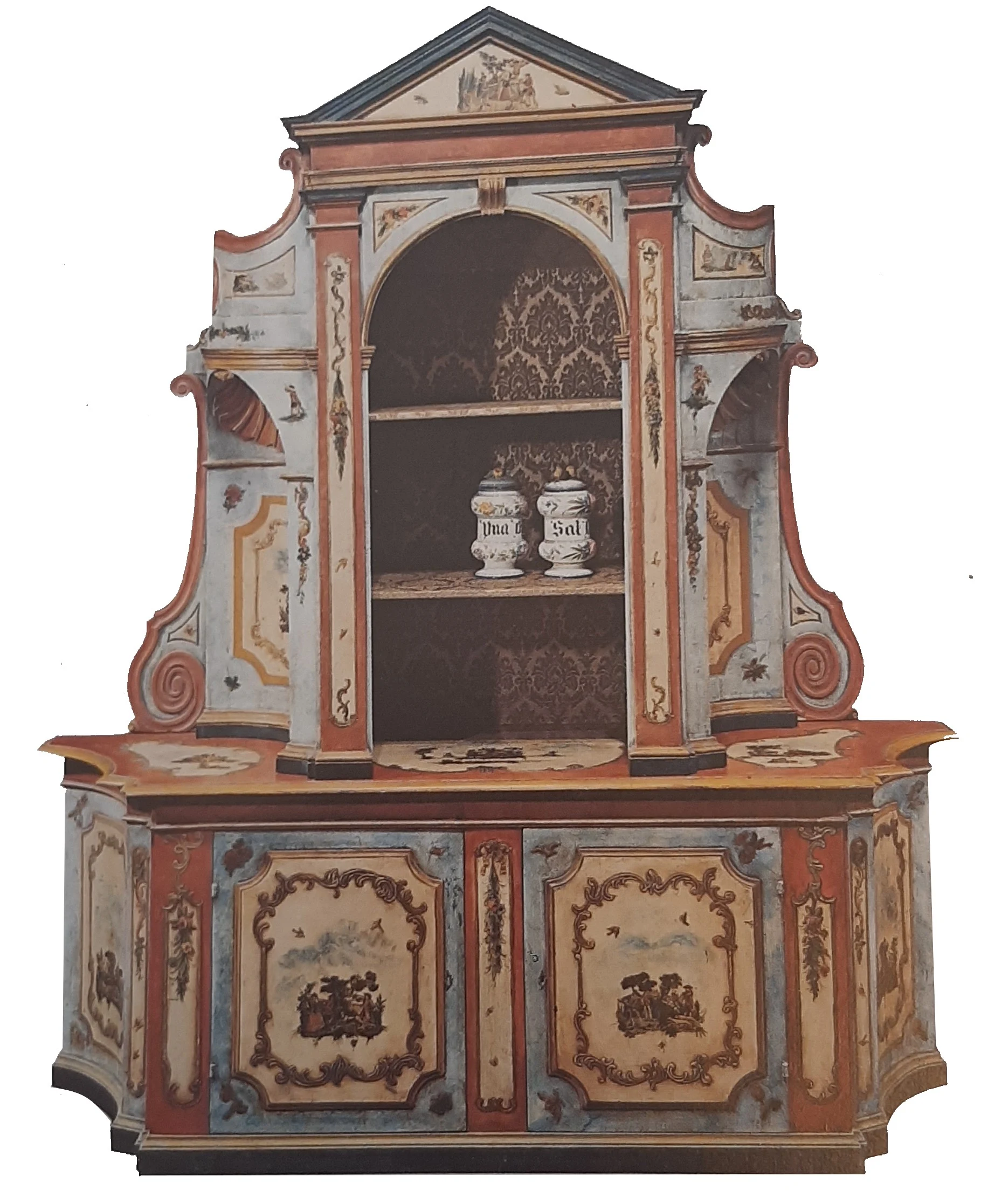 Credenza libreria dipinta, ricavata da un confessionale del 1600