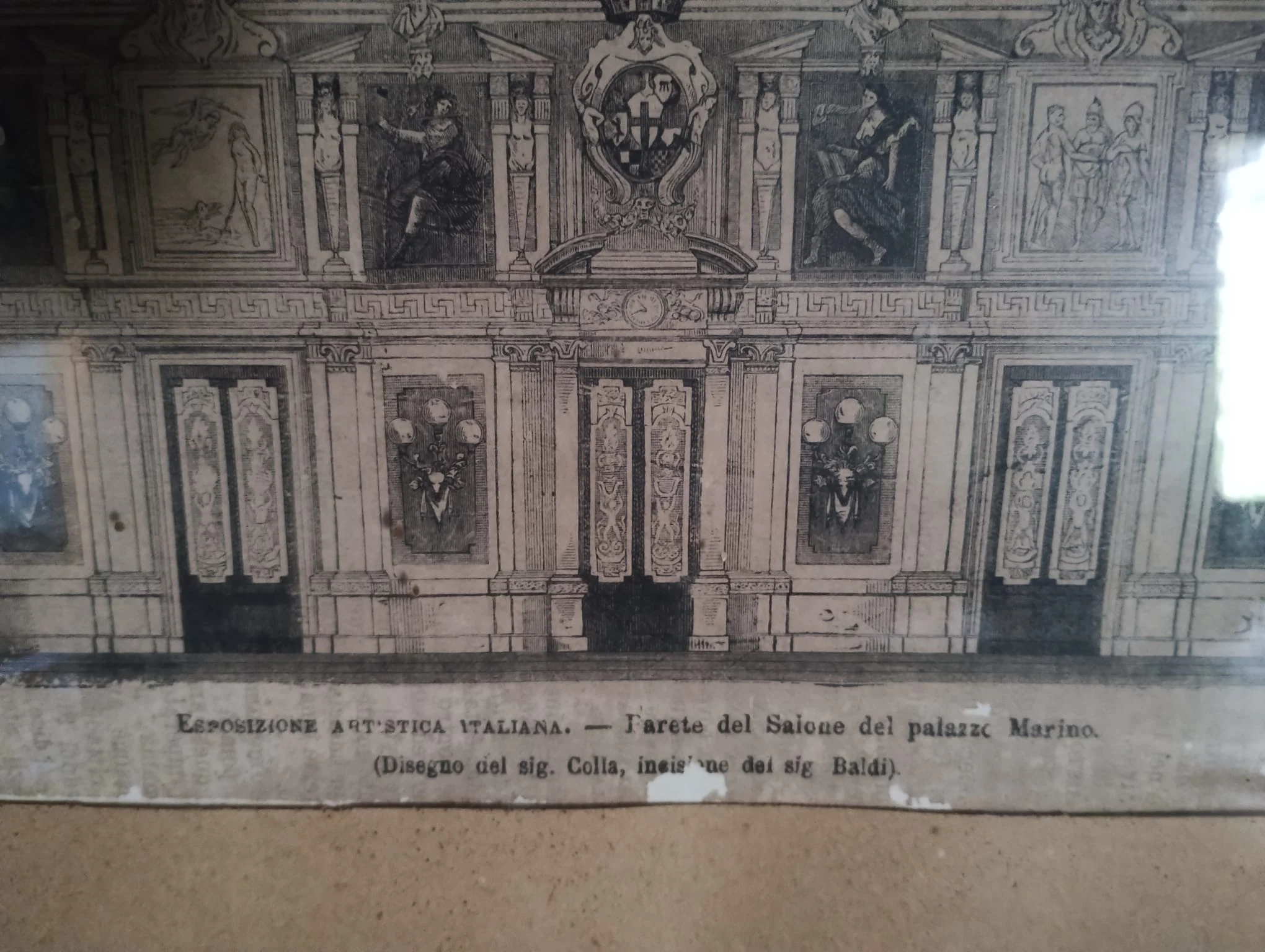 Stampa antica con cornice, parete di Palazzo Marino Milano