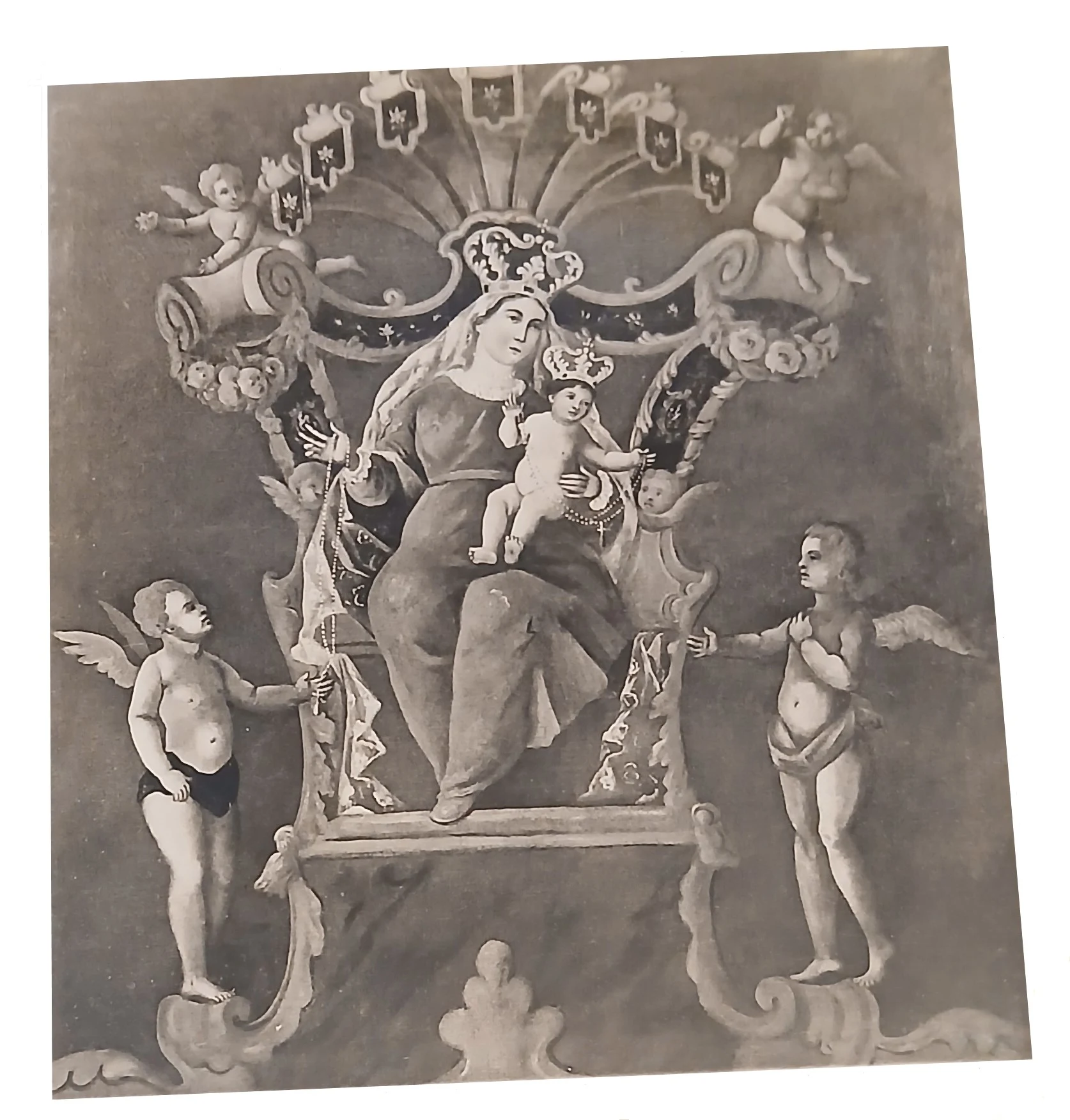Dipinto Madonna con bambino in trono antico quadro religioso