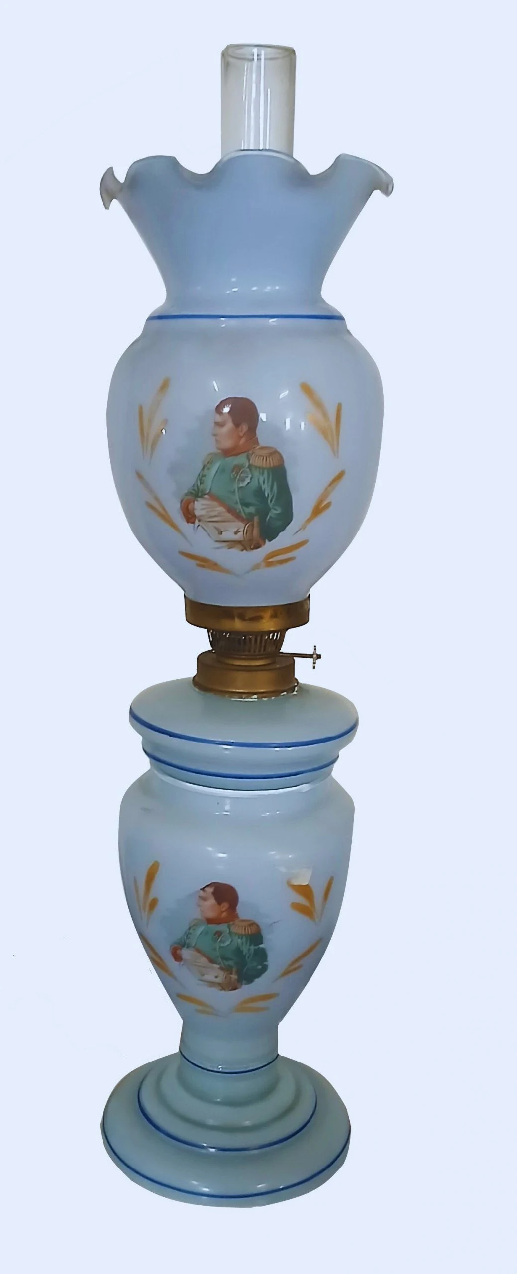 Antique Victorian oil lamp in painted and decorated opaline glass