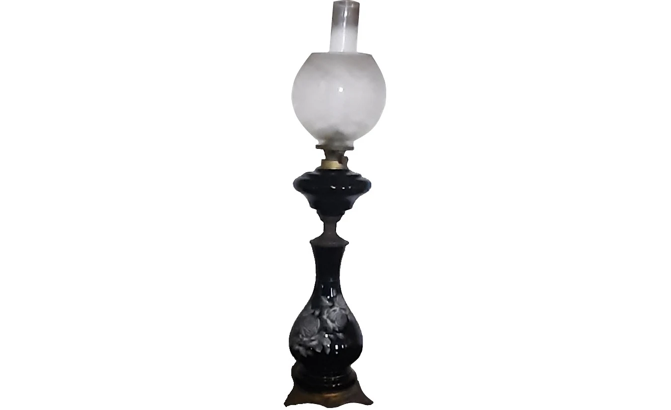 Oil or paraffin lamp in decorated and painted black opaline glass