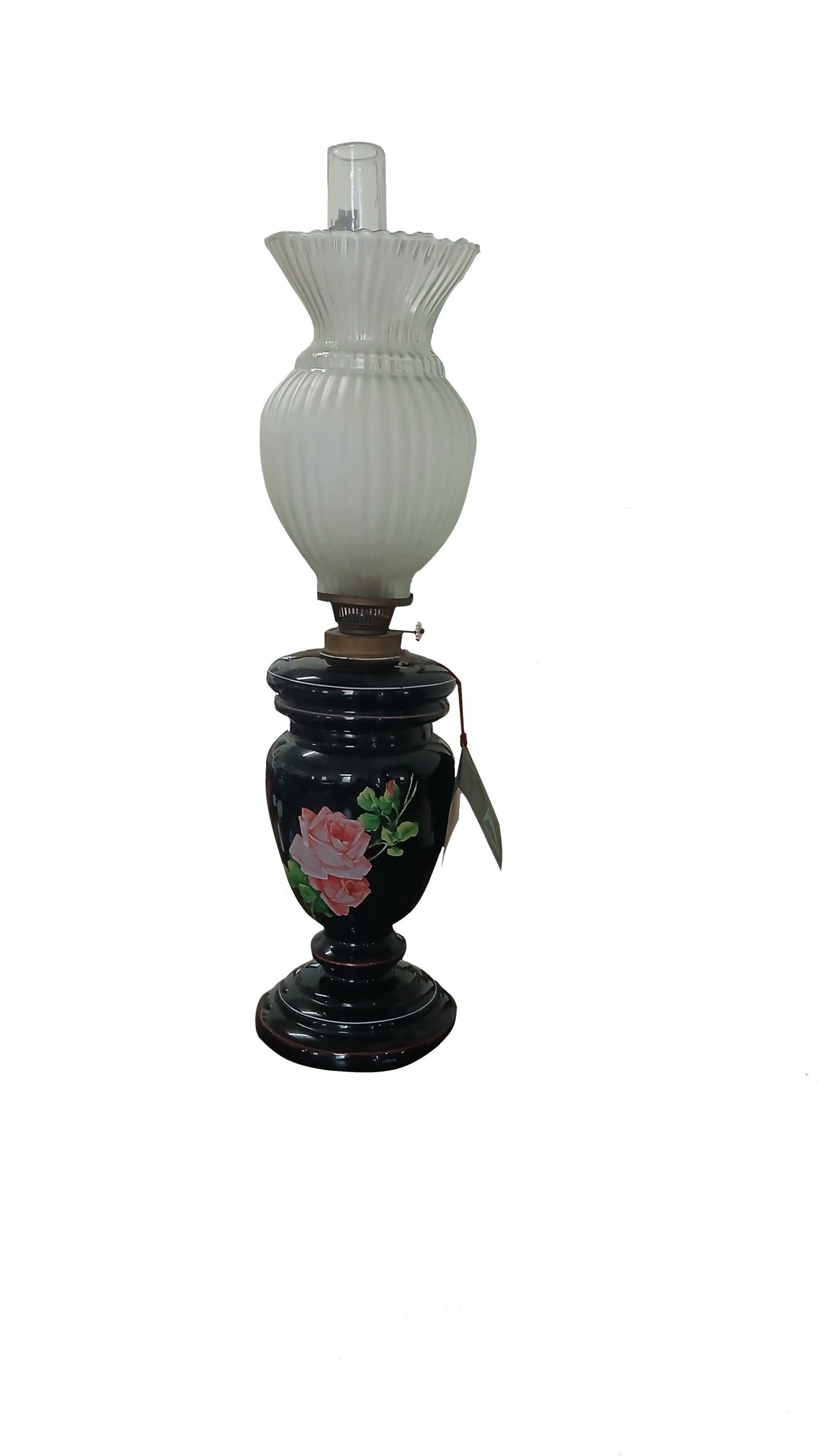 Lampada ad olio vetro opaline decorata dipinta con motivi floreali