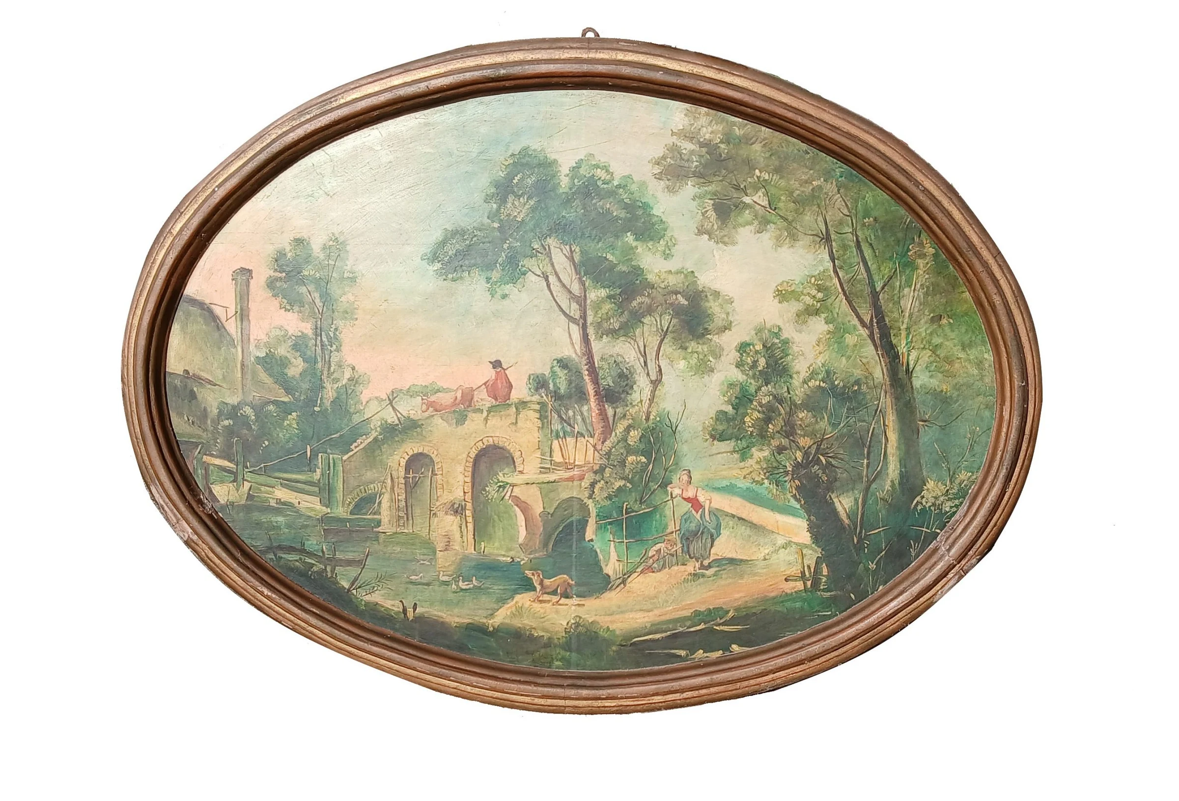 Quadro ovale dipinto su tavola pittura antica scenetta di campagna