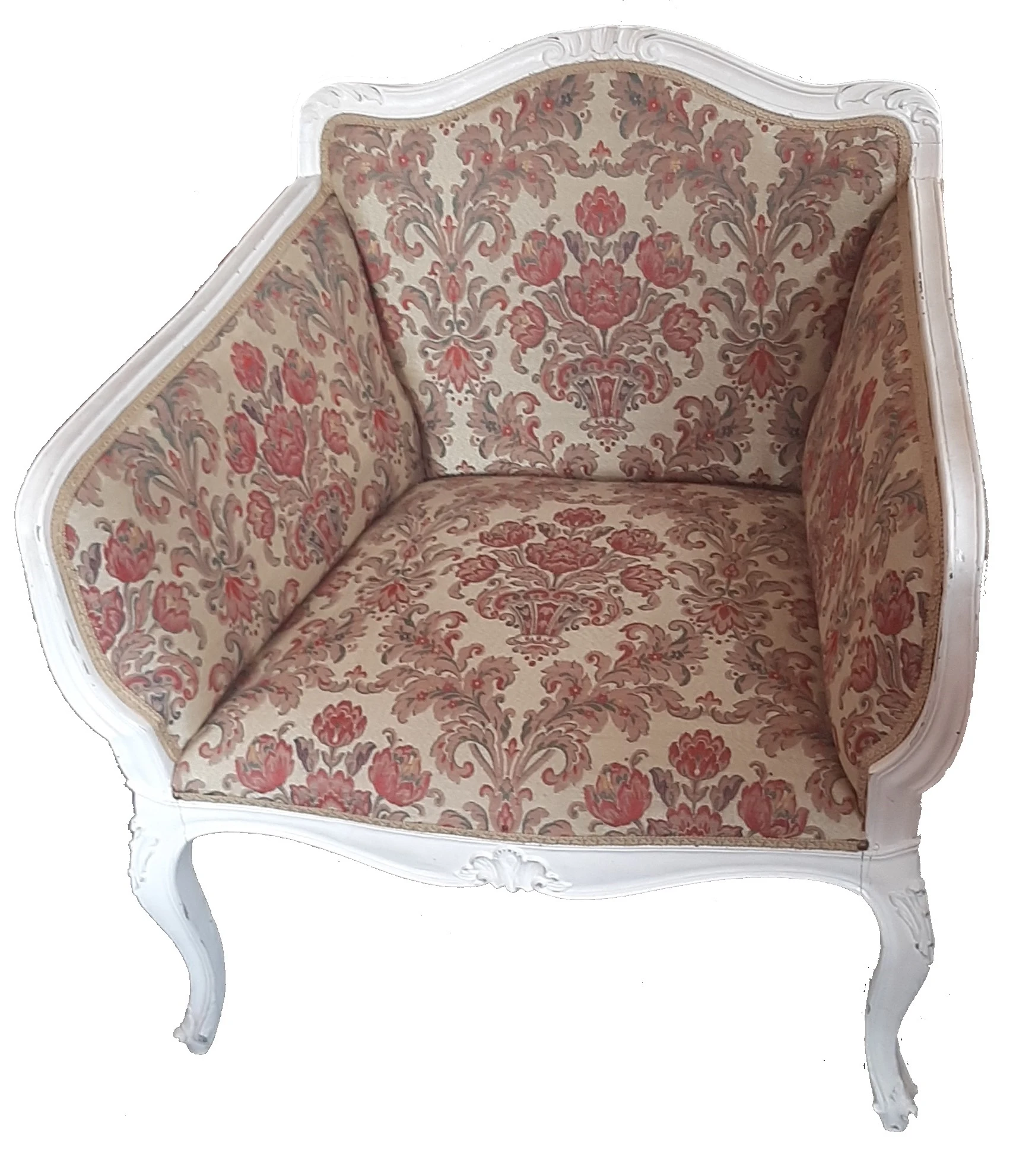 Poltrona Luigi Filippo bianca Shabby rivestita tessuto damascato