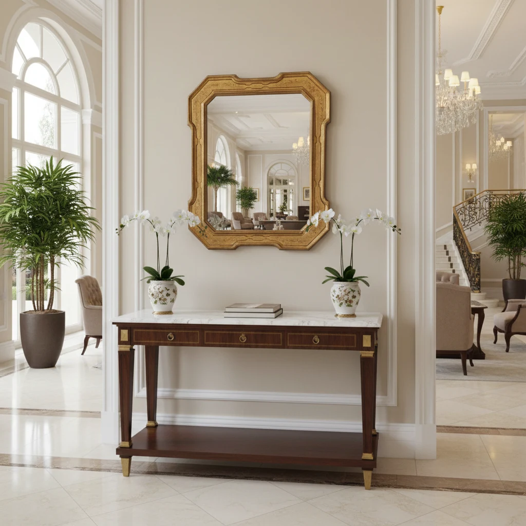 Specchio con cornice in legno intagliata e decorata a foglia oro